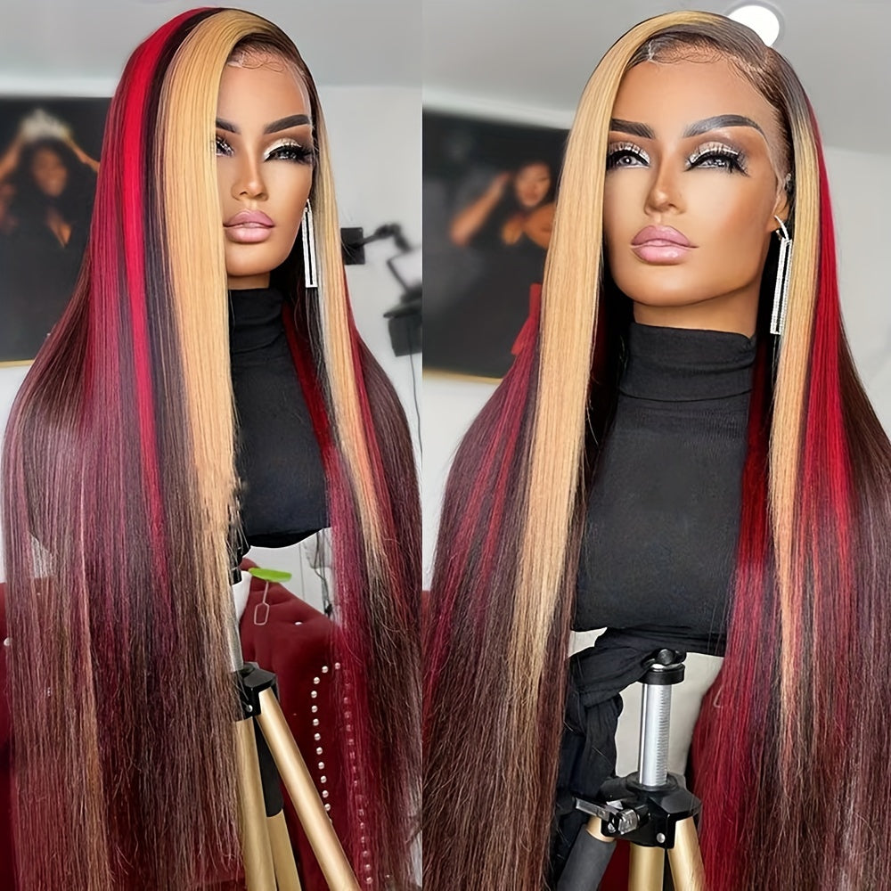 Bossi Hair Lab Red & Blonde Highlight Lace Front Wig for Women - Heat Resistant Synthetic Hair, 13x4 Preplucked Deep Part, 180% Density Glueless Wig for Daily & Party Use (All Ethnicities), Versatile Hairpiece | Sleek Straigh