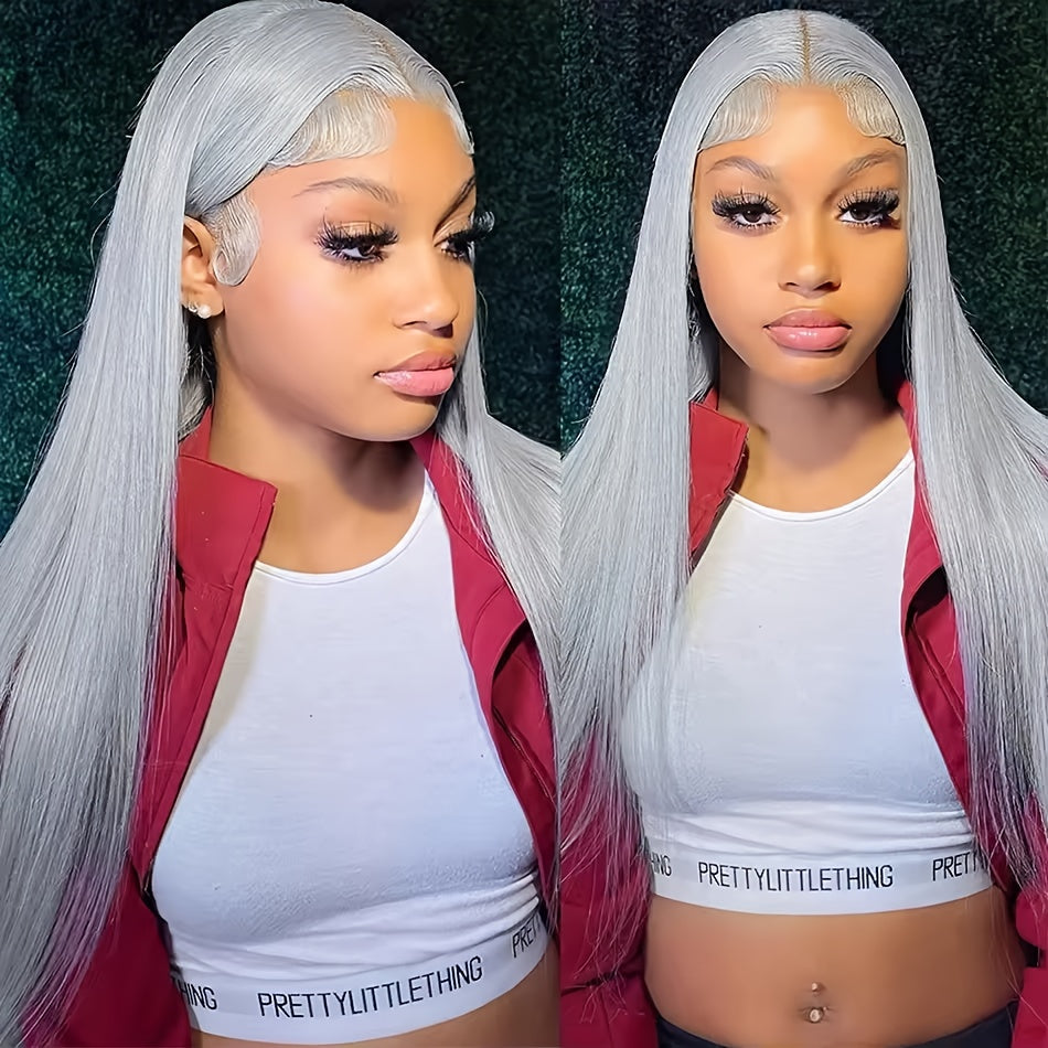 Bossi Hair Lab 13x6 Silvery Grey Brazilian Straight 200Density Remy HD Transparent Lace Front Human Hair Wig Human Hair 100% For Women Pre Plucked