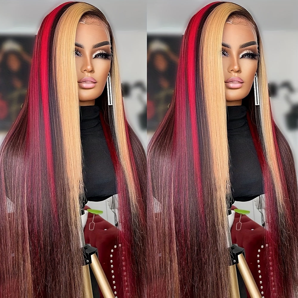 Bossi Hair Lab Red & Blonde Highlight Lace Front Wig for Women - Heat Resistant Synthetic Hair, 13x4 Preplucked Deep Part, 180% Density Glueless Wig for Daily & Party Use (All Ethnicities), Versatile Hairpiece | Sleek Straigh