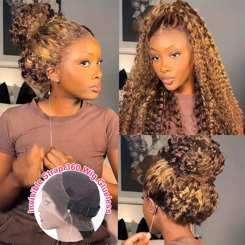 Bossi Hair Lab 30 Inch 360 Lace Front Wig Glueless Human Hair - Highlight Blonde & Dark Brown Balayage, Invisible Hidden Strap, 250% Density Hairline with Hair, Pre-Plucked Lace (Adjustable Fit) for Black, Bleachable Remy Hai