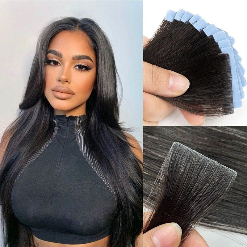 Bossi Hair Lab Human Hair Tape in Extensions 100% Brazilian Human Hair, 16-26 inches, 20pcs 1.76 oz/ pack. Our hair extensions are soft and silky with a healthy shine, true length, no shedding, no knots, colorable and curly.,