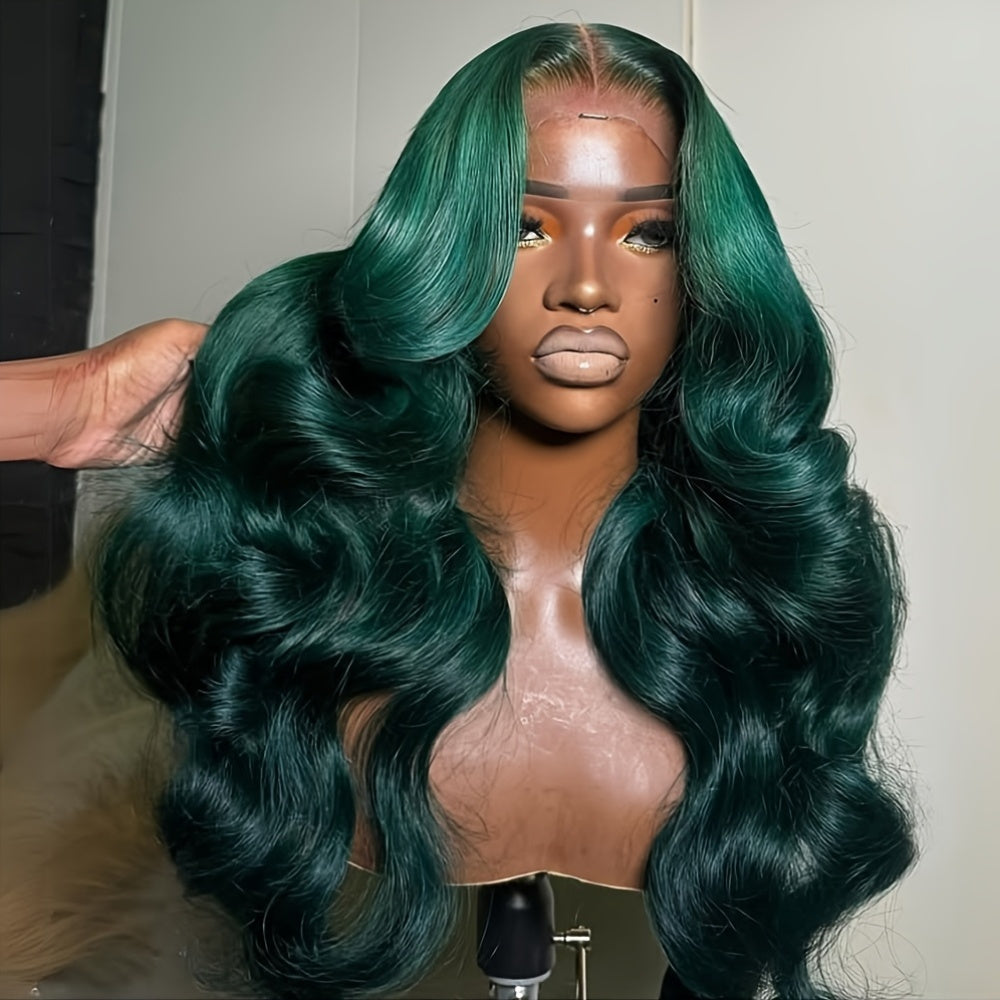 Bossi Hair Lab Dark Green Long Body Wave Lace Front Wig For Women - 13x4 Free Part Glueless HD Frontal Lace Synthetic Heat Resistant Fiber With Pre-plucked Hairline, Ombre Light Green Highlight 28 Inch Long Loose Wavy Curly W
