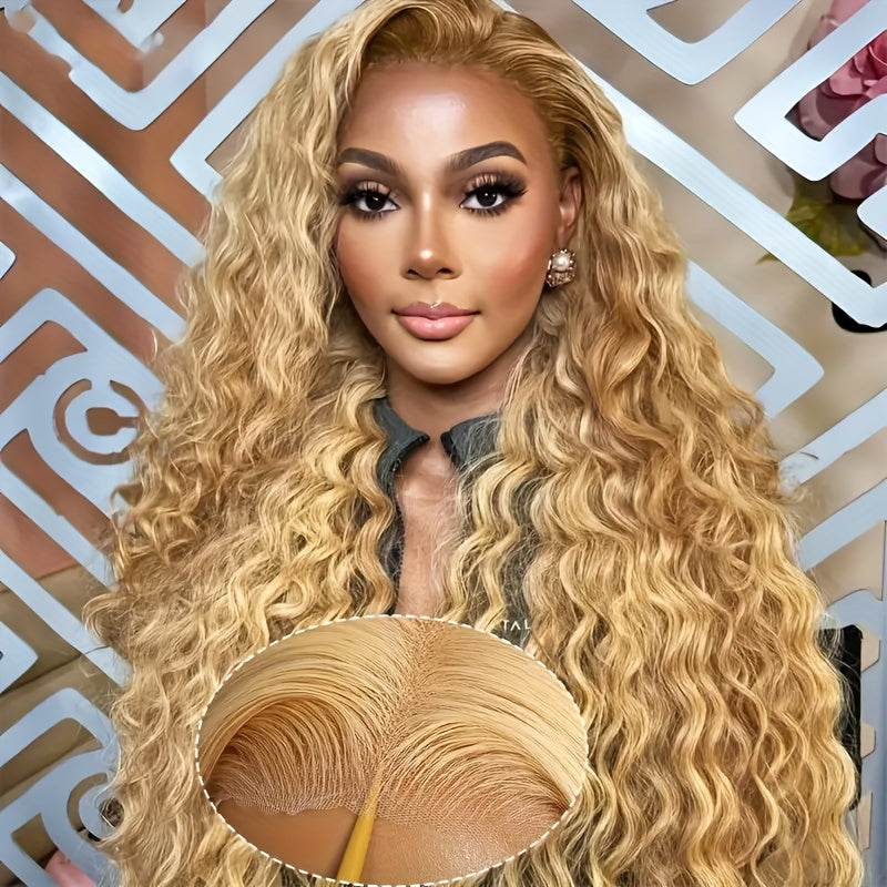 Bossi Hair Lab 13x6 HD Transparent Lace Front Wigs Human Hair Blonde #27 Water Wave Wigs 200% Density Pre Plucked With Baby Hair Burgundy Water Wave Wigs For Women #27 Wigs Human Hair