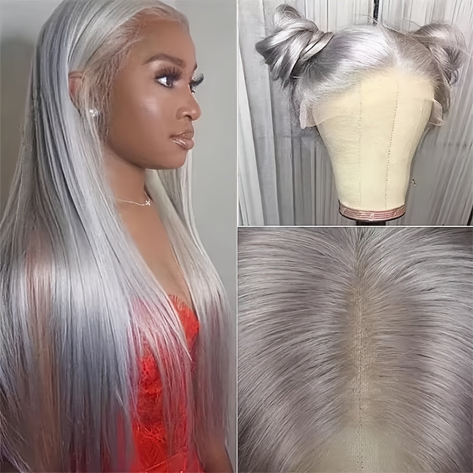 Bossi Hair Lab 13x6 Silvery Grey Brazilian Straight 200Density Remy HD Transparent Lace Front Human Hair Wig Human Hair 100% For Women Pre Plucked