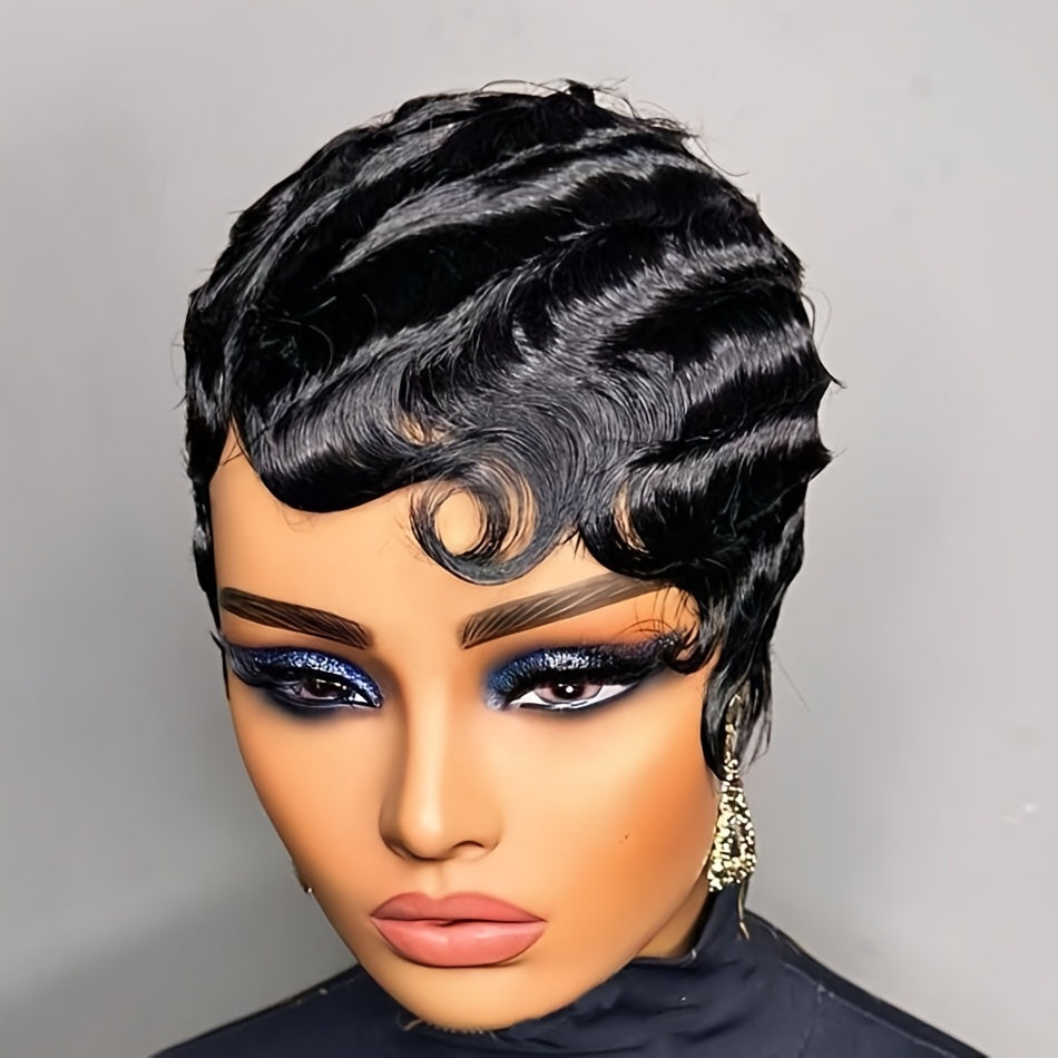 Bossi Hair Lab [Brazilian Ocean Wave Wig] 180% Density Human Hair Wig, Short Pixie Cut | Loose Curly Finger Wave Style, Basics Cap with Rose Net, Glueless Brazilian Ocean Wave for Daily Wear