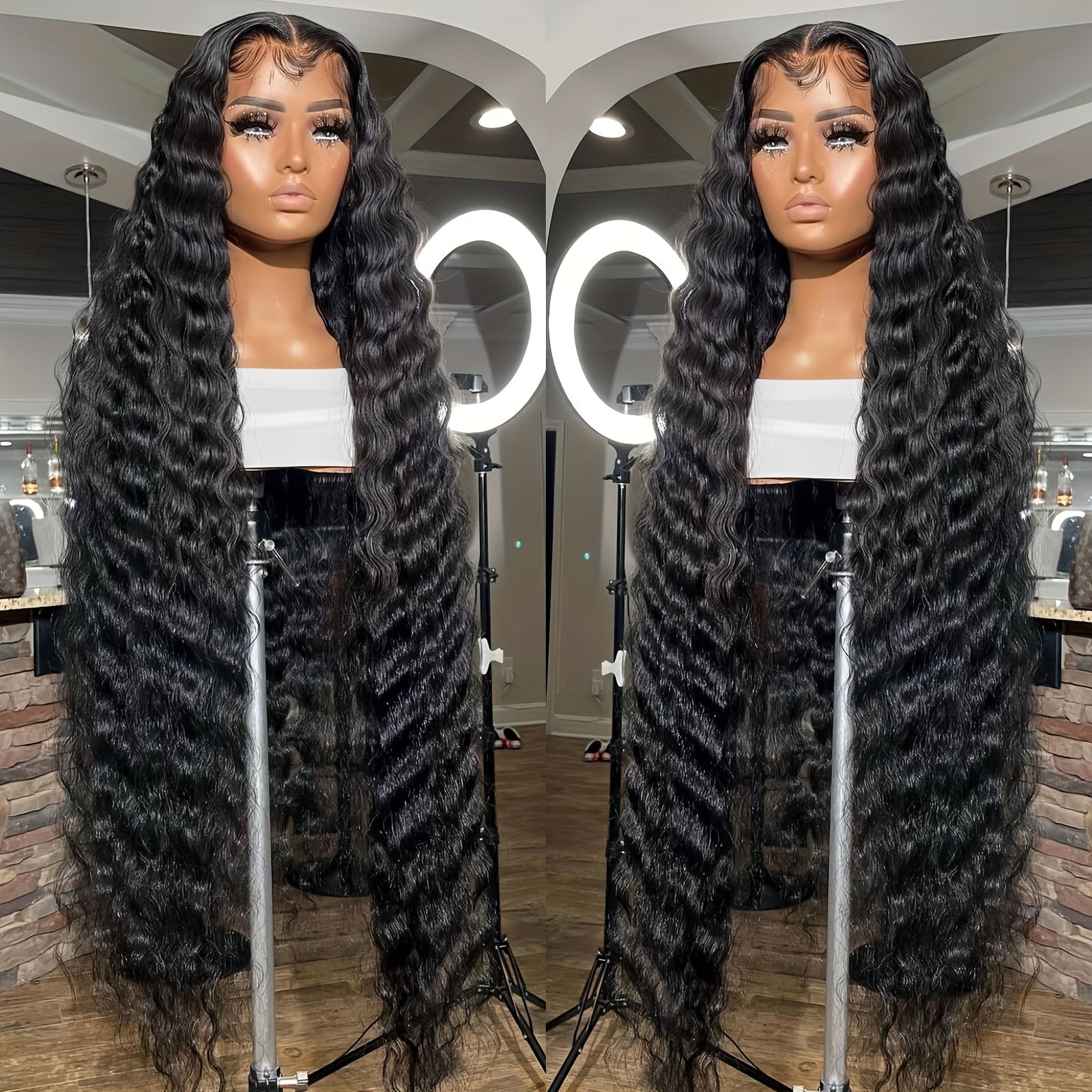 Bossi Hair Lab 200% Density HD Black Lace Frontal Wig Long Deep Wave Wig Synthetic Heat Resistant Fiber Hair Wigs Premium Curly Natural Black 13*4 Hairpiece Wigs For Women With HD Transparent Lace Water Wave Wigs