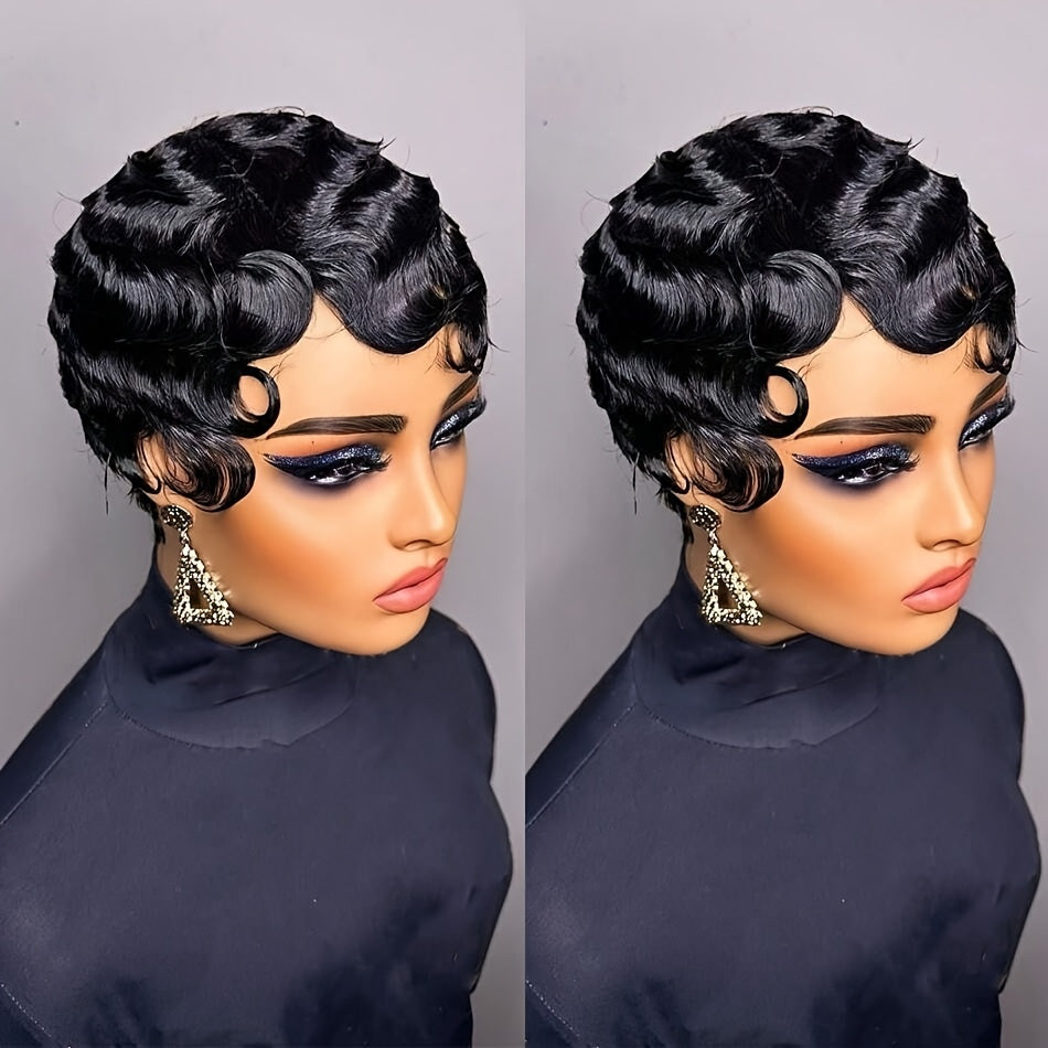 Bossi Hair Lab [Brazilian Ocean Wave Wig] 180% Density Human Hair Wig, Short Pixie Cut | Loose Curly Finger Wave Style, Basics Cap with Rose Net, Glueless Brazilian Ocean Wave for Daily Wear