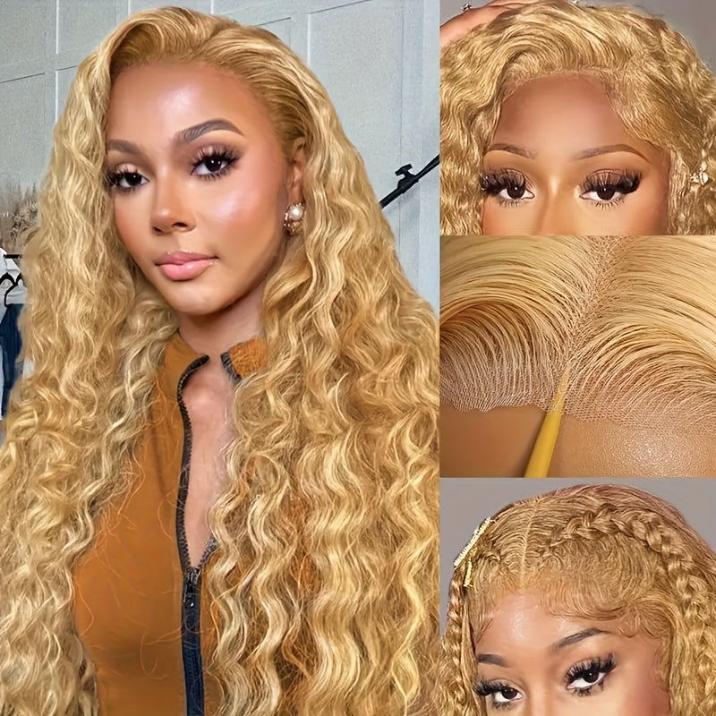 Bossi Hair Lab 13x6 HD Transparent Lace Front Wigs Human Hair Blonde #27 Water Wave Wigs 200% Density Pre Plucked With Baby Hair Burgundy Water Wave Wigs For Women #27 Wigs Human Hair