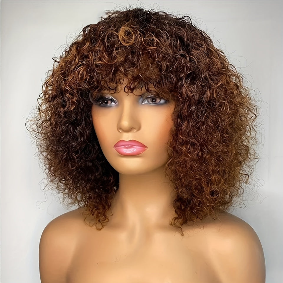 Bossi Hair Lab Peruvian Remy Human Hair Kinky Jerry Curl Wig with Bangs - Density Natural Brown Shoulder-Length Curly Wig for Women & Men, Unisex Voluminous Wavy Hairpiece for Bold Styles & Natural Look, Durable & Soft Textur