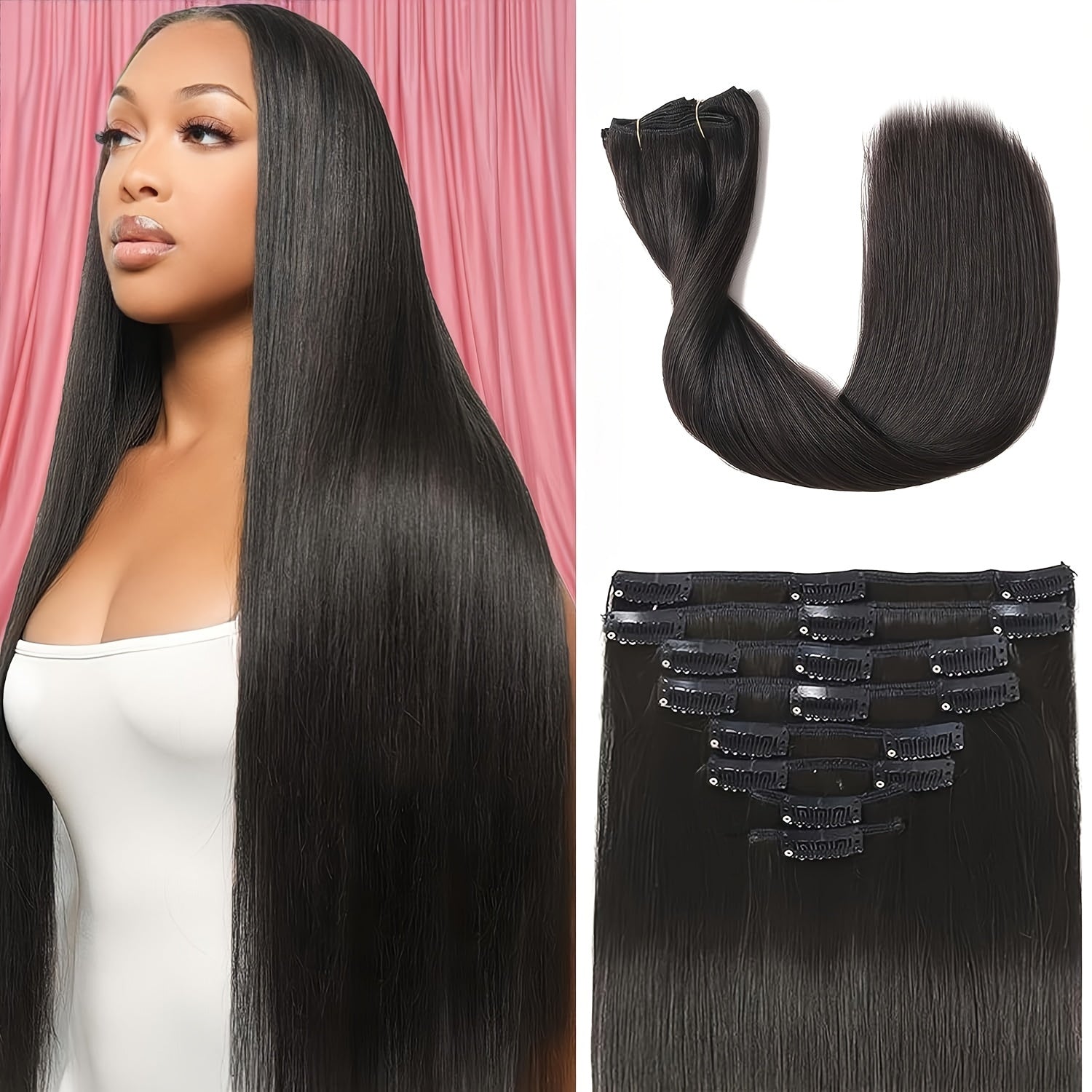Bossi Hair Lab Straight Human Hair Clip In Hair Extensions for 100% Unprocessed Full Head Brazilian Virgin Hair Natural Black Color, 8/Pcs with 18Clips, 120 Gram