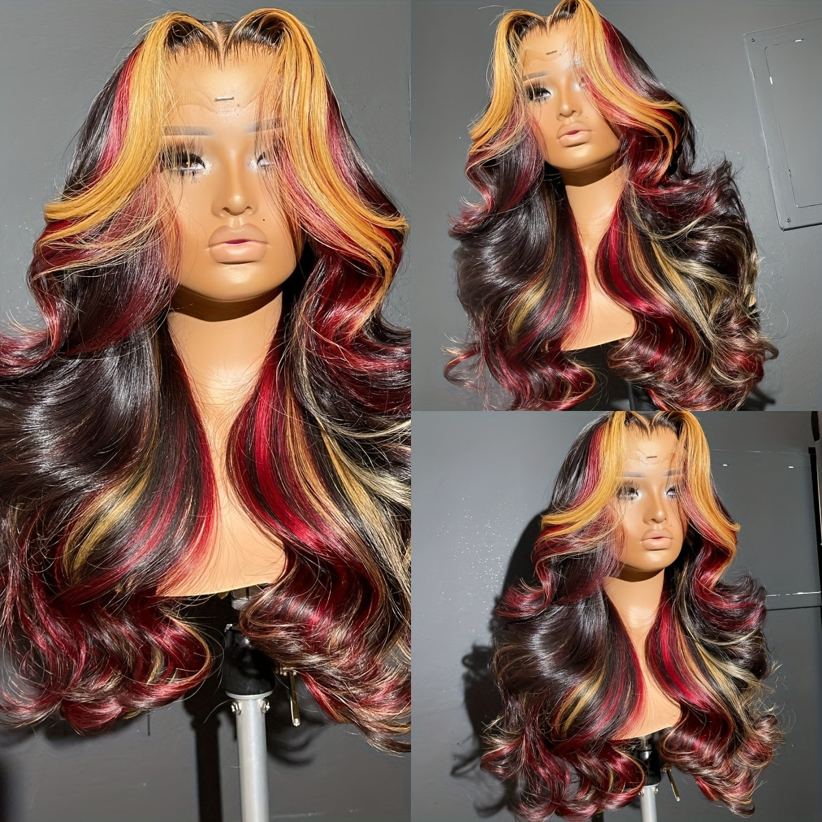 Bossi Hair Lab 13x4 HD Lace Front Wig with Blonde & Red Highlights - Body Wave Synthetic Hair 180% Density Pre-Plucked Glueless 28 Inch Natural Look for Women All Ethnicities, Versatile Hairpiece | Elegant Hairpiece