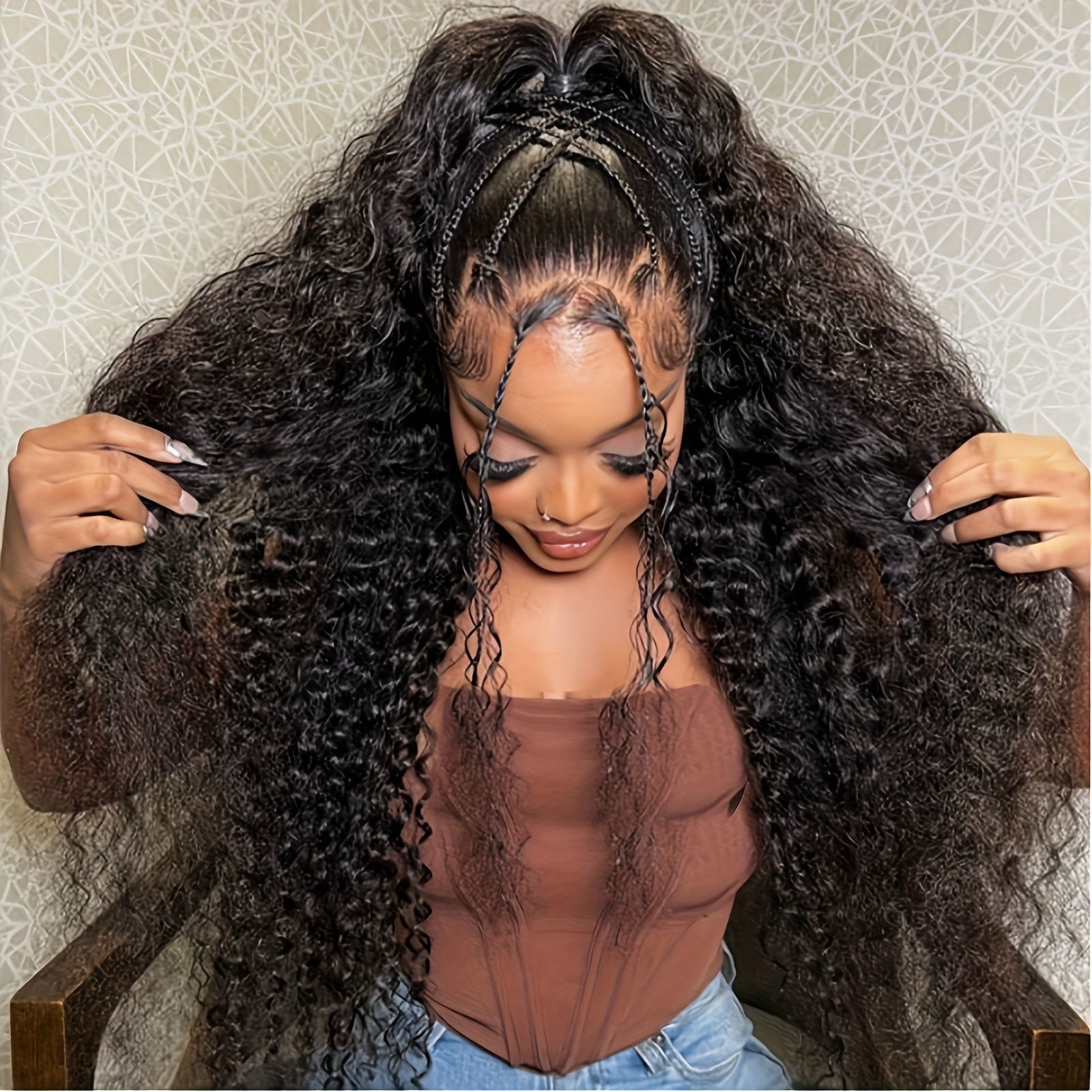 Bossi Hair Lab 200% Density HD Black Lace Frontal Wig Long Deep Wave Wig Synthetic Heat Resistant Fiber Hair Wigs Premium Curly Natural Black 13*4 Hairpiece Wigs For Women With HD Transparent Lace Water Wave Wigs