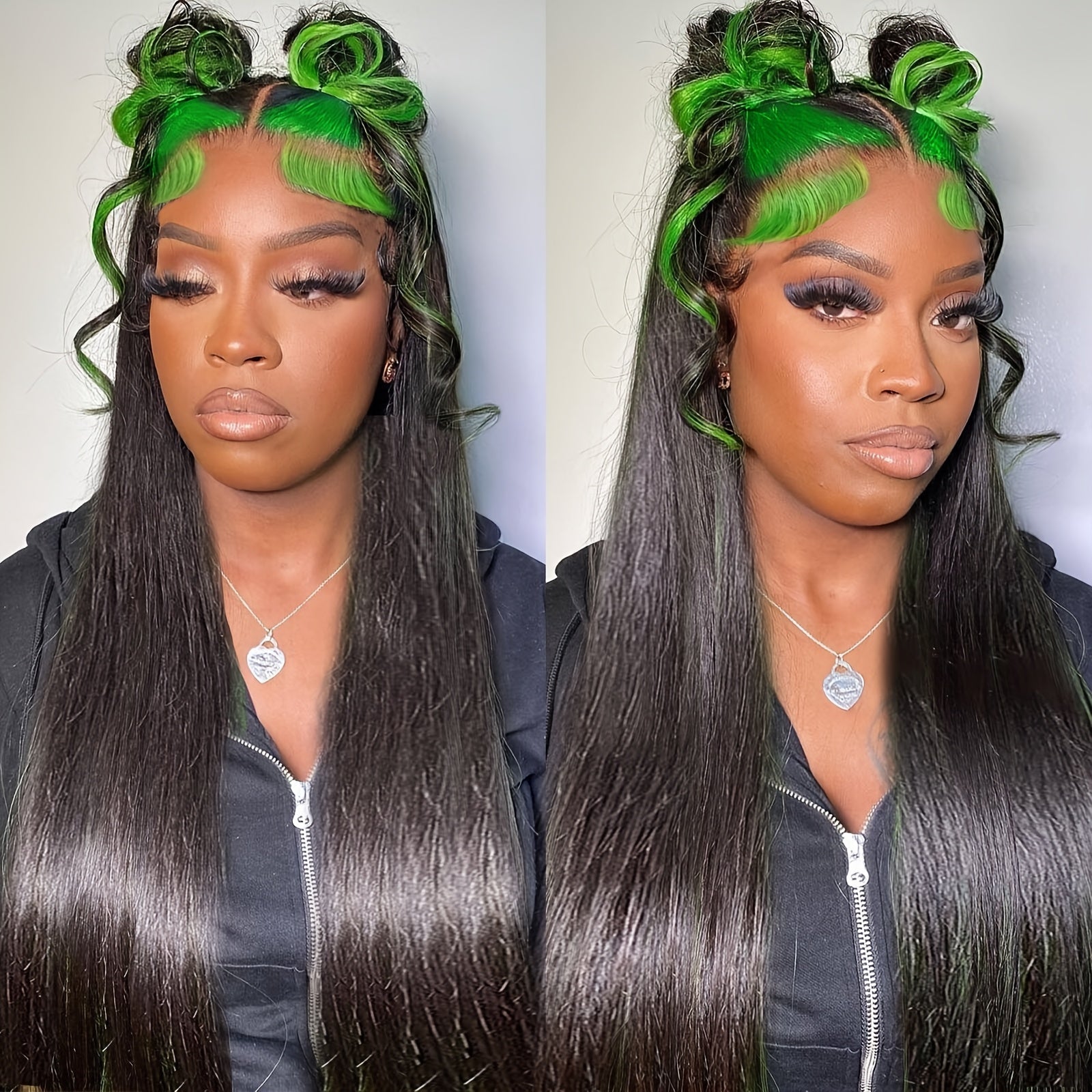 Bossi Hair Lab 30 Inch 13x4 HD Transparent Lace Front Wig - Black & Green Highlight Synthetic Heat Resistant Hair with 200% Density, Glueless Natural Straight Wig for Women, Party & Casual Attire
