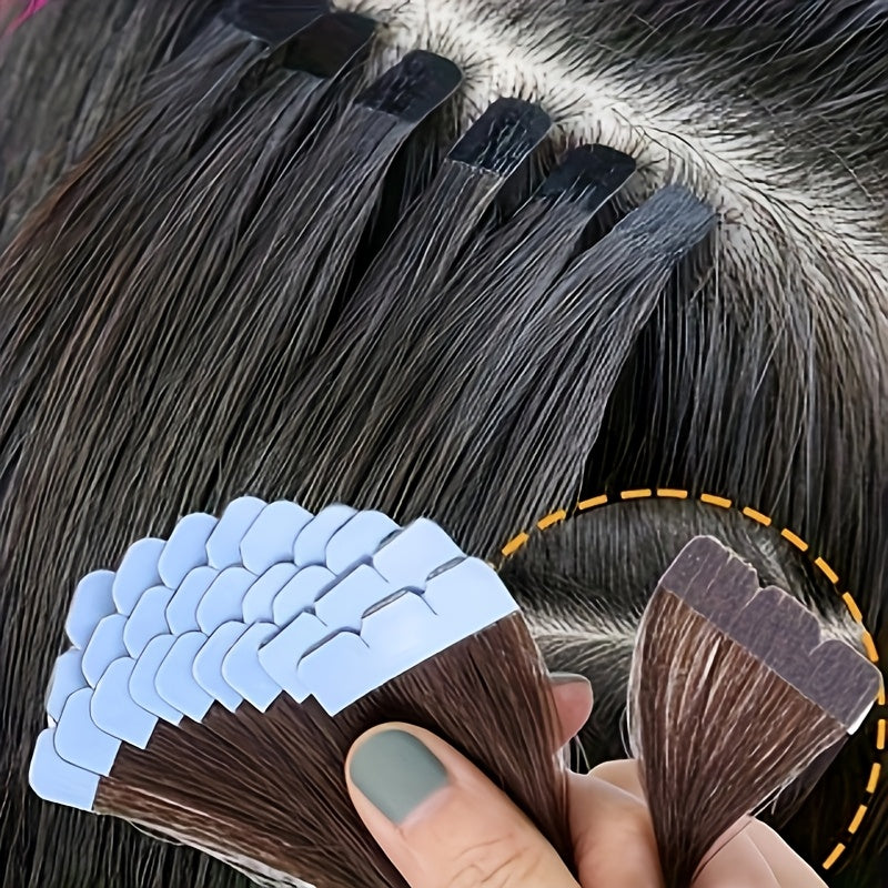 Bossi Hair Lab 10pcs Mini Tape-In Human Hair Extensions, Straight Natural Look, 12"/16"/20" Lengths, Daily Volume Boost for Women, Easy Application, Perfect for All Hair Types, Ponytail Hair Extensions