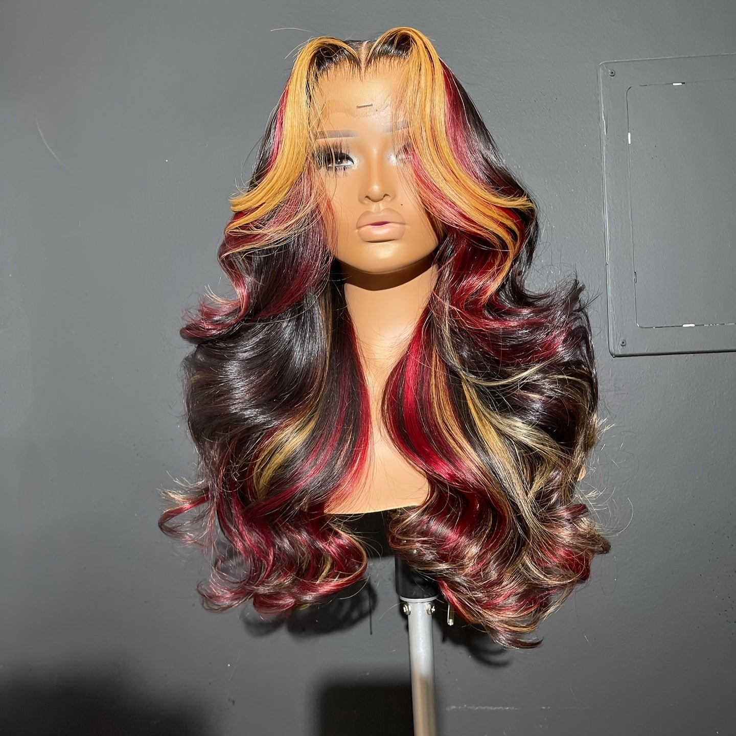 Bossi Hair Lab 13x4 HD Lace Front Wig with Blonde & Red Highlights - Body Wave Synthetic Hair 180% Density Pre-Plucked Glueless 28 Inch Natural Look for Women All Ethnicities, Versatile Hairpiece | Elegant Hairpiece