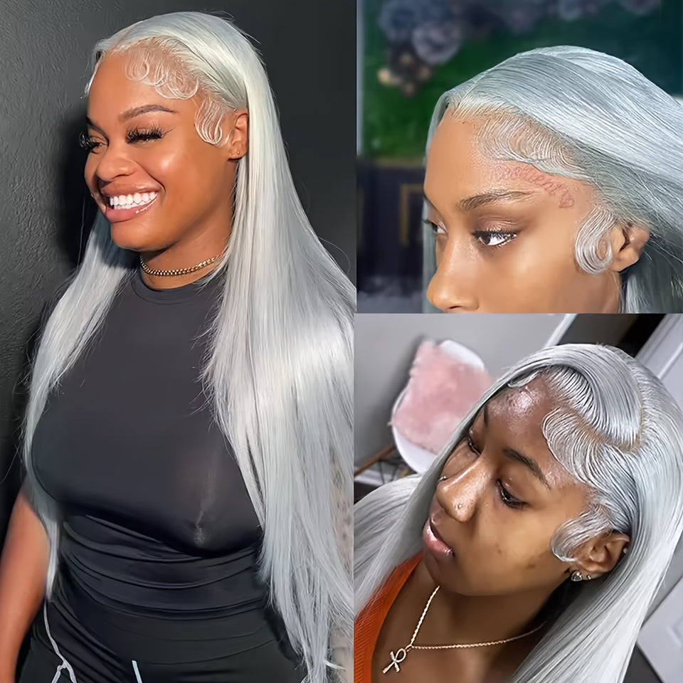 Bossi Hair Lab 13x6 Silvery Grey Brazilian Straight 200Density Remy HD Transparent Lace Front Human Hair Wig Human Hair 100% For Women Pre Plucked