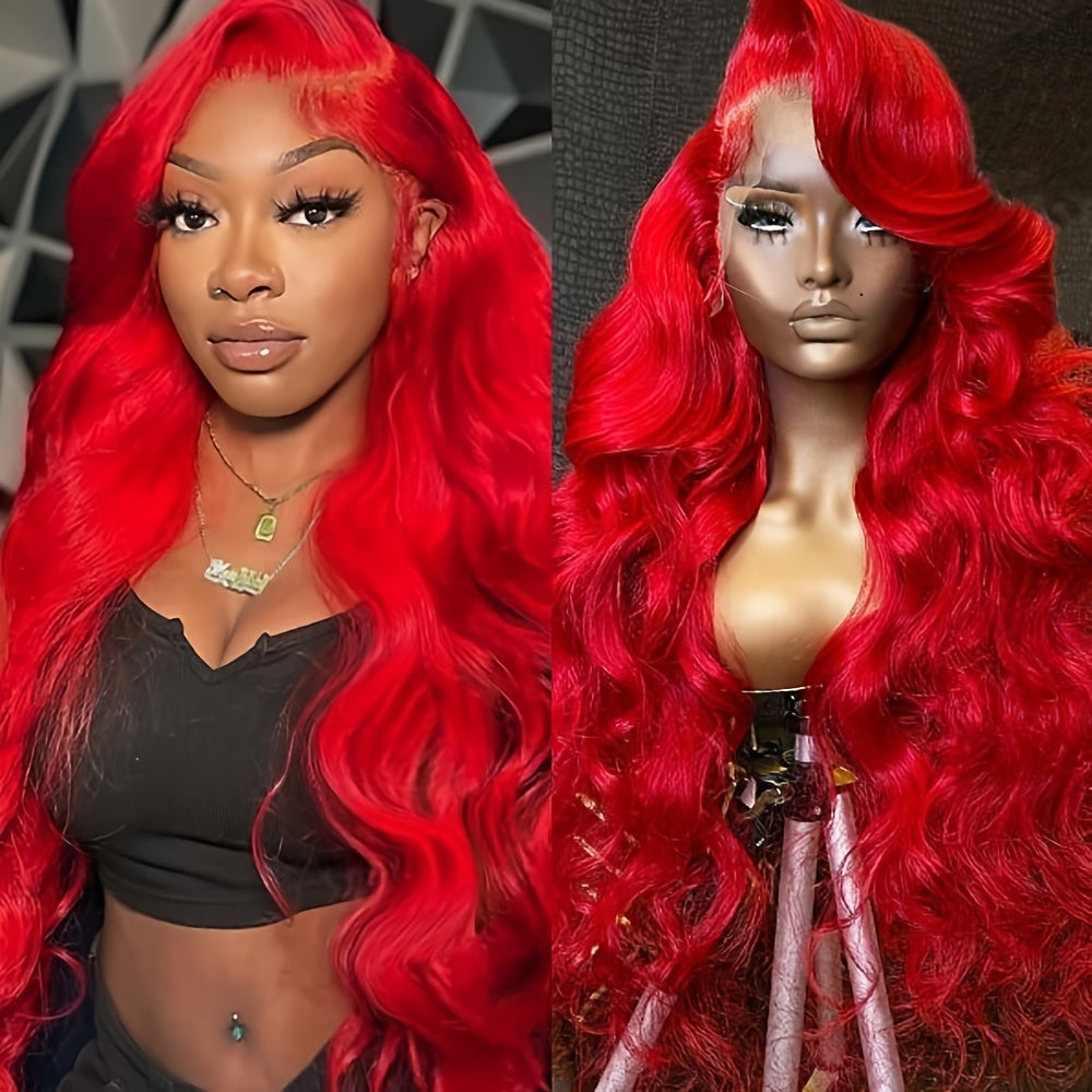 Bossi Hair Lab [Bright Red Lace Front Wig] 28" Bright Red Glueless Lace Front Wig | Natural Looking Body Wave Human-like Hairpiece with 13x4 HD Transparent Lace Frontal, Pre-Pucked Hairstline, 200% Density for Women, Everyday