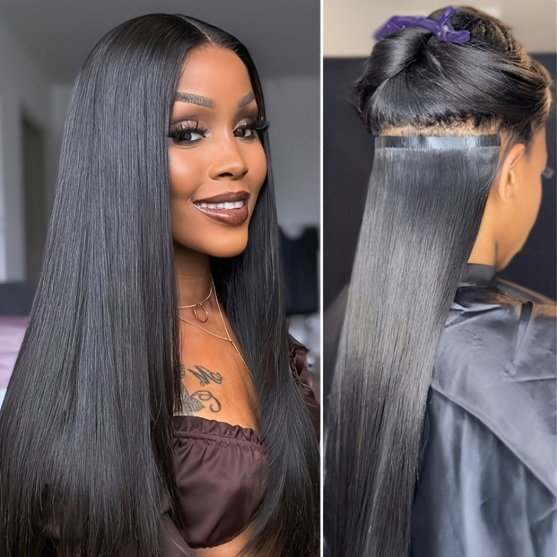 Bossi Hair Lab [20pcs Tape-In Hair Extensions] 20pcs (50g) Tape-In Human Hair Extensions - 20" Long Straight #1B Natural Black Hair - Seamless Light Beige Weft - 100% Remy Human Hair - Volume & Shine - Salon-Quality for Every