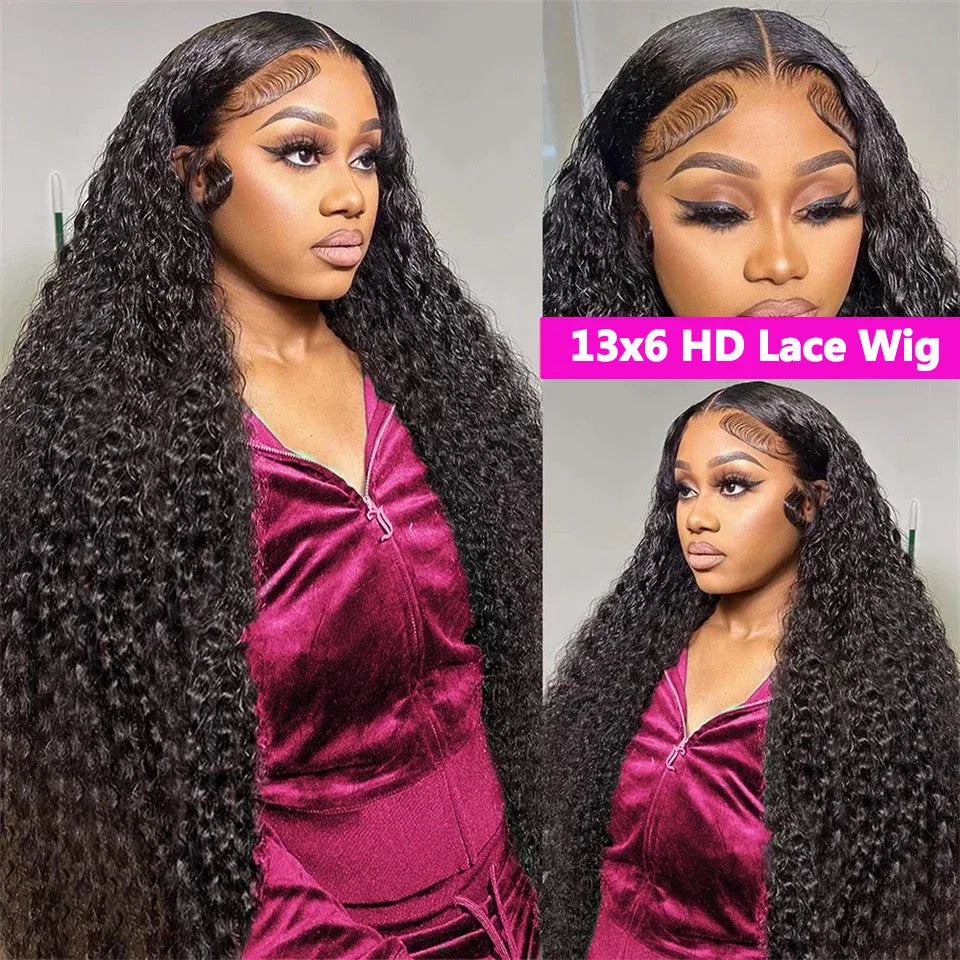 Bossi Hair Lab  13x6 HD Transparent Lace Front Raw Indian Water Curly Wave Human Hair Wigs 40 Inch Long Jerry Curly Human Hair Frontal Wigs