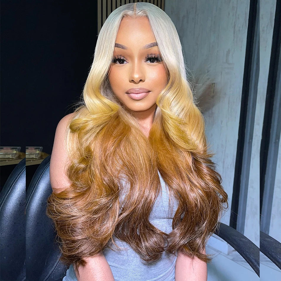 Bossi Hair Lab Customize Ombre Blonde Orange Brown 13x6 HD Lace Front Human Hair Frontal Wigs Rich Girl Colored Wigs