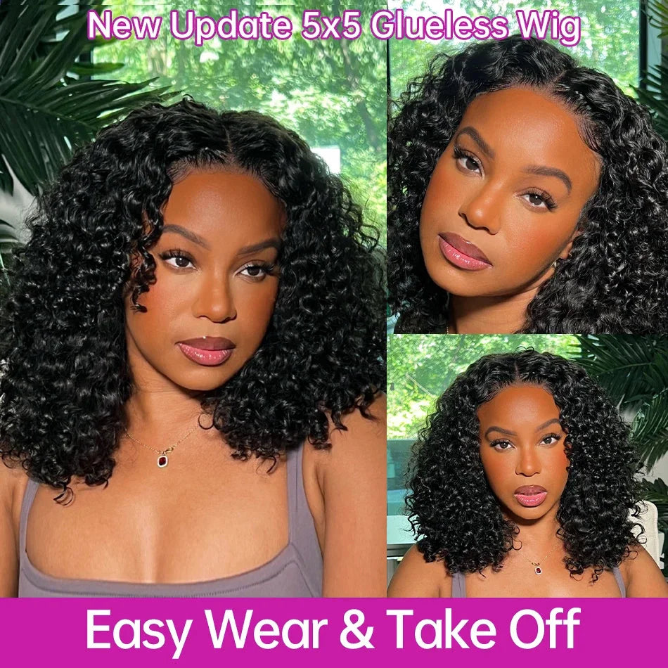 Bossi Hair Lab Deep Wave Bob Glueless Wig Human Hair Ready To Wear Curly Wigs 200 Density 5x5 Closure Pre Cut Lace Preplucked