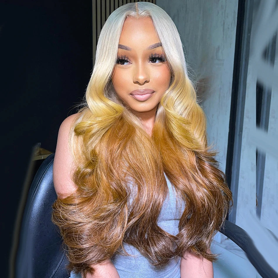 Bossi Hair Lab Customize Ombre Blonde Orange Brown 13x6 HD Lace Front Human Hair Frontal Wigs Rich Girl Colored Wigs