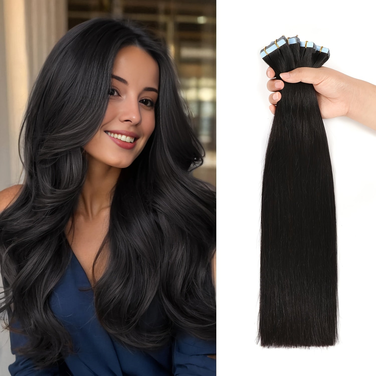 Bossi Hair Lab [20pcs Tape-In Hair Extensions] 20pcs (50g) Tape-In Human Hair Extensions - 20" Long Straight #1B Natural Black Hair - Seamless Light Beige Weft - 100% Remy Human Hair - Volume & Shine - Salon-Quality for Every