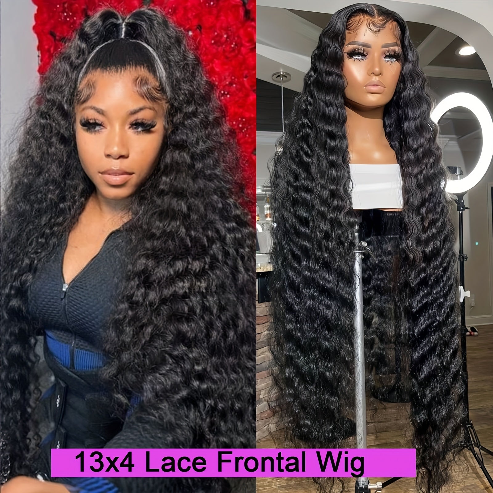 Bossi Hair Lab 200% Density HD Black Lace Frontal Wig Long Deep Wave Wig Synthetic Heat Resistant Fiber Hair Wigs Premium Curly Natural Black 13*4 Hairpiece Wigs For Women With HD Transparent Lace Water Wave Wigs