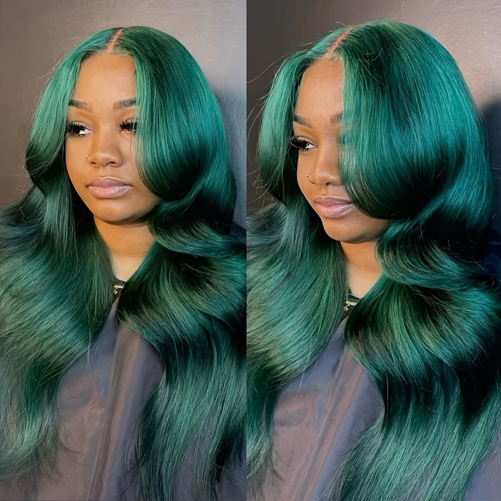Bossi Hair Lab Dark Green Long Body Wave Lace Front Wig For Women - 13x4 Free Part Glueless HD Frontal Lace Synthetic Heat Resistant Fiber With Pre-plucked Hairline, Ombre Light Green Highlight 28 Inch Long Loose Wavy Curly W