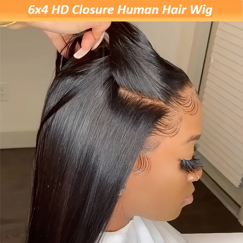 Bossi Hair Lab 6x4 HD Lace Put On And Go Glueless Closure Wigs Human Hair Straight Human Hair Pre Plucked Pre Cut No Glue 3 Seconds To Wear Glueless Wig Transparent Lace Front Wigs Human Hair Wig 250% Density