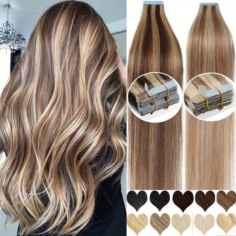 Bossi Hair Lab Human Hair Tape in Extensions 100% Brazilian Human Hair, 16-26 inches, 20pcs 1.76 oz/ pack. Our hair extensions are soft and silky with a healthy shine, true length, no shedding, no knots, colorable and curly.,