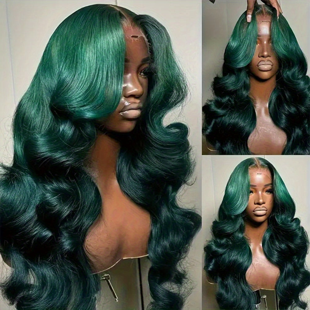 Bossi Hair Lab Dark Green Long Body Wave Lace Front Wig For Women - 13x4 Free Part Glueless HD Frontal Lace Synthetic Heat Resistant Fiber With Pre-plucked Hairline, Ombre Light Green Highlight 28 Inch Long Loose Wavy Curly W