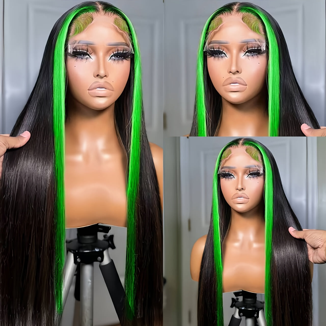 Bossi Hair Lab 30 Inch 13x4 HD Transparent Lace Front Wig - Black & Green Highlight Synthetic Heat Resistant Hair with 200% Density, Glueless Natural Straight Wig for Women, Party & Casual Attire