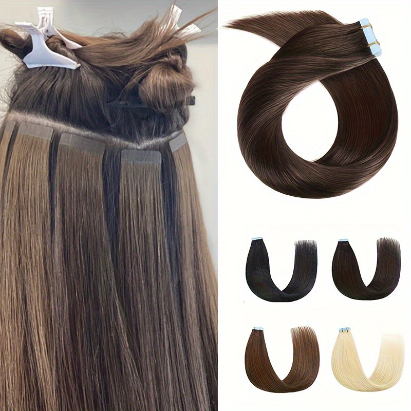 Bossi Hair Lab 20pcs Tape-In Hair Extensions - 100% Remy Human Hair, Invisible & Thick, in Coffee, Dark Brown, Blonde Colors, 16" & 20", 40g Each