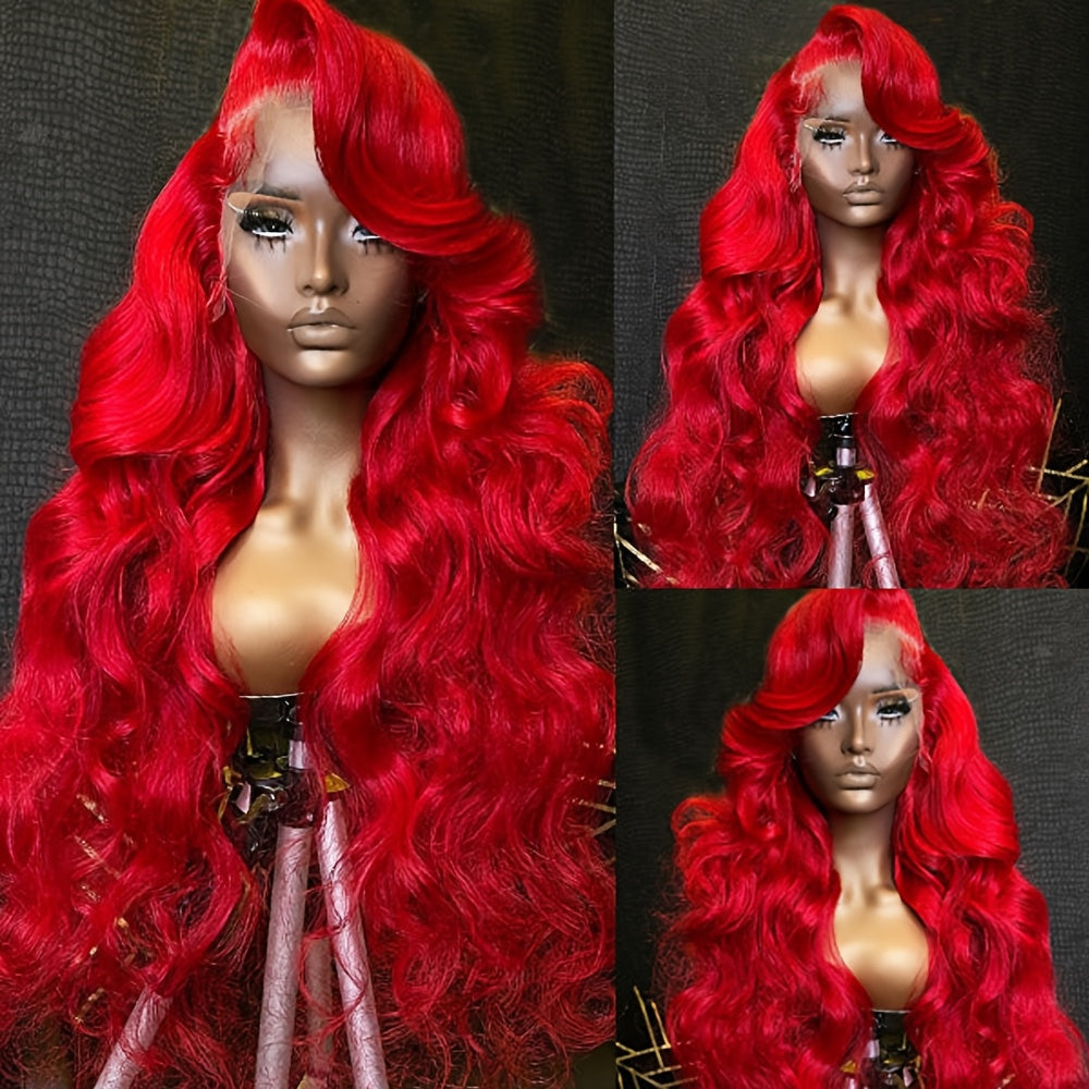 Bossi Hair Lab [Bright Red Lace Front Wig] 28" Bright Red Glueless Lace Front Wig | Natural Looking Body Wave Human-like Hairpiece with 13x4 HD Transparent Lace Frontal, Pre-Pucked Hairstline, 200% Density for Women, Everyday