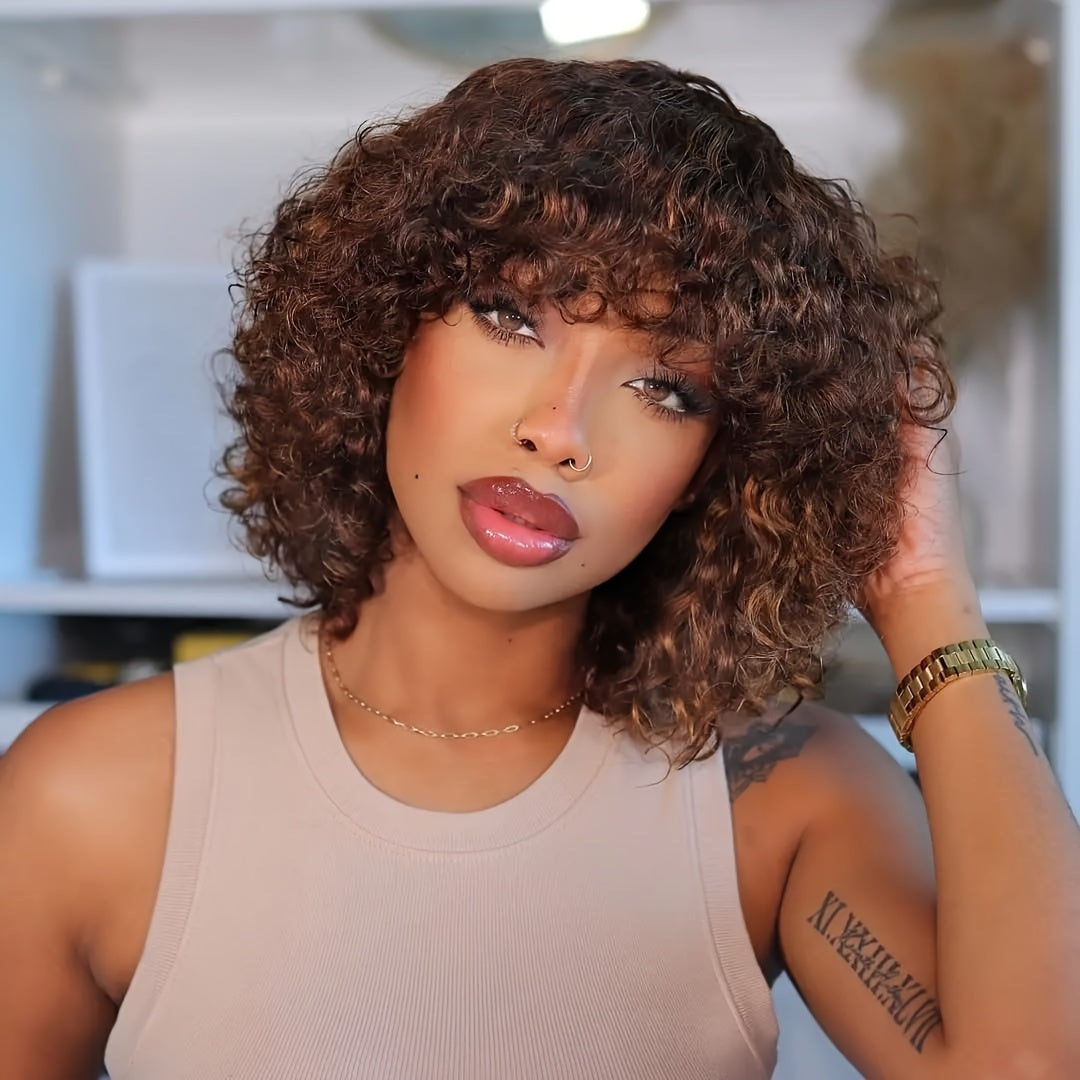 Bossi Hair Lab Peruvian Remy Human Hair Kinky Jerry Curl Wig with Bangs - Density Natural Brown Shoulder-Length Curly Wig for Women & Men, Unisex Voluminous Wavy Hairpiece for Bold Styles & Natural Look, Durable & Soft Textur